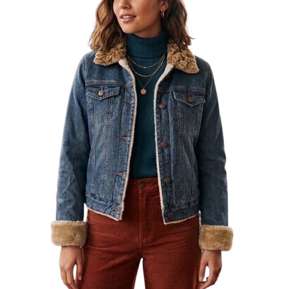 Abercrombie & Fitch Womens Vintage Y2K Sherpa Denim Jacket Faux Fur Collar M/L